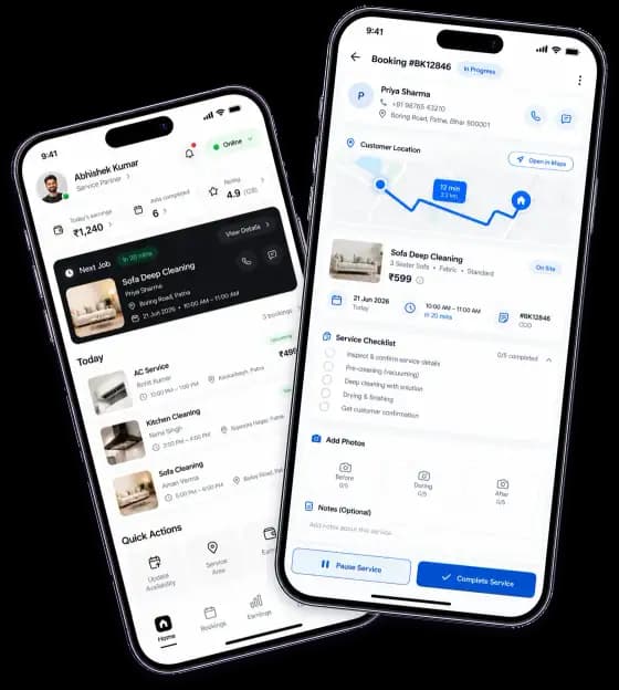 Partner app home and an in-progress booking