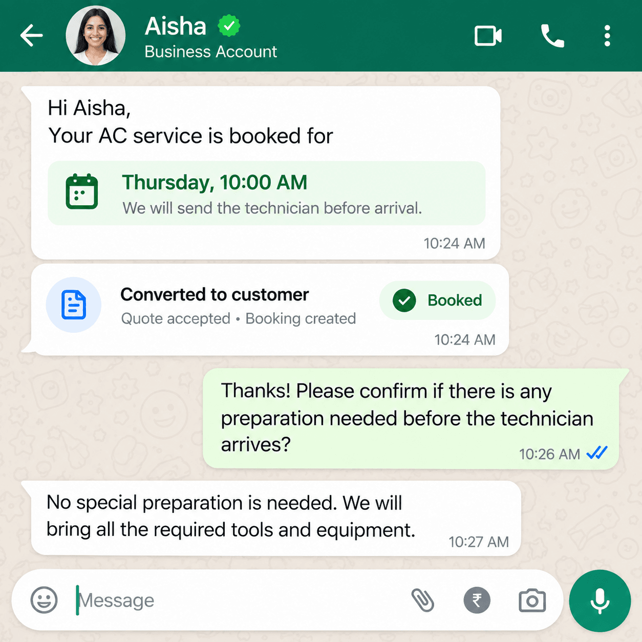 WhatsApp chat confirming Aisha's AC service booking for Thursday at 10:00 AM